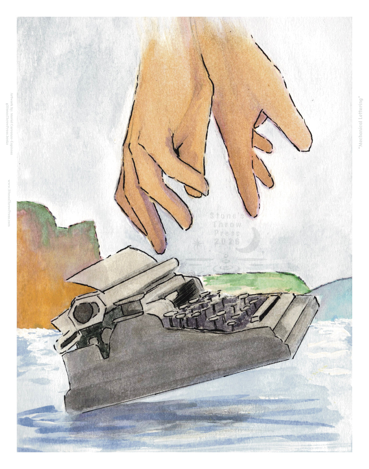 a pair of hands reaching down towards a typewriter falling into a dreamlike sea