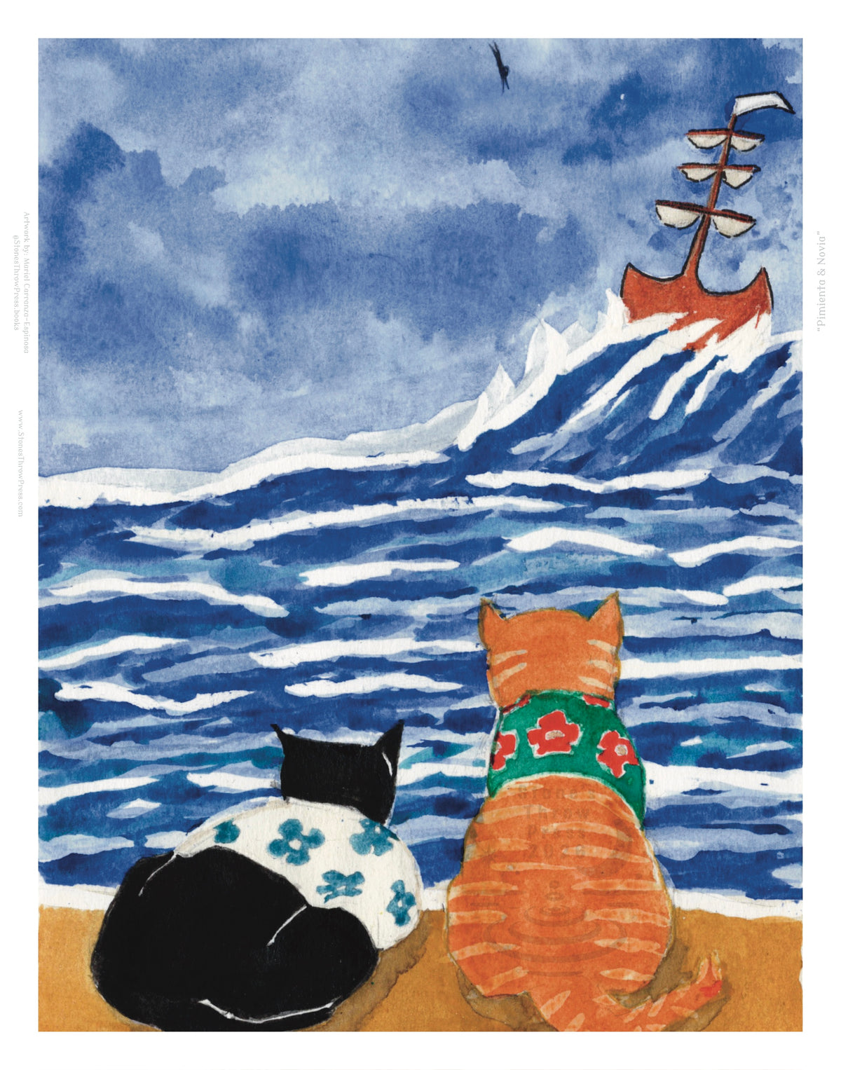 Watercolor-style illustration of two cats sitting on a sandy beach facing blue ocean waves. One cat is black with a white floral sweater, and the other is orange with a green floral sweater.