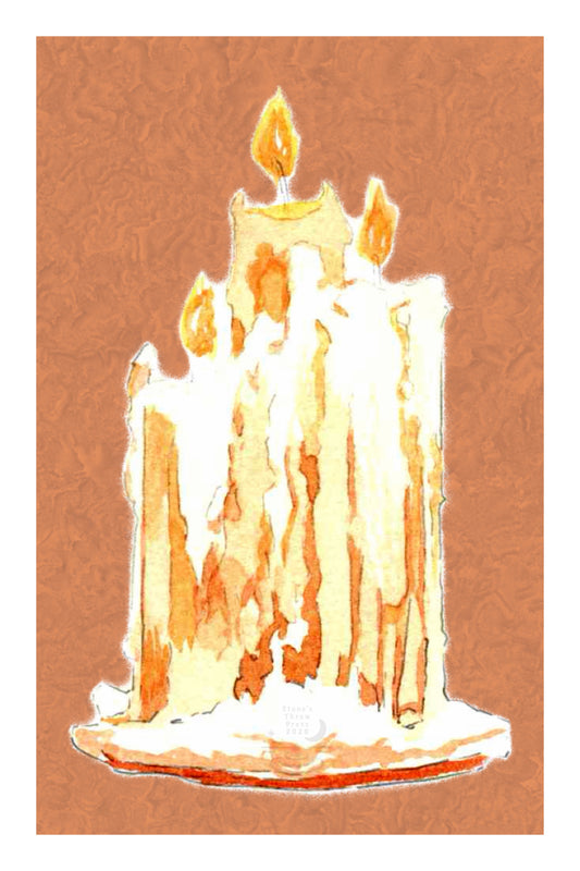 Three lit and melting candles on a mottle orange background