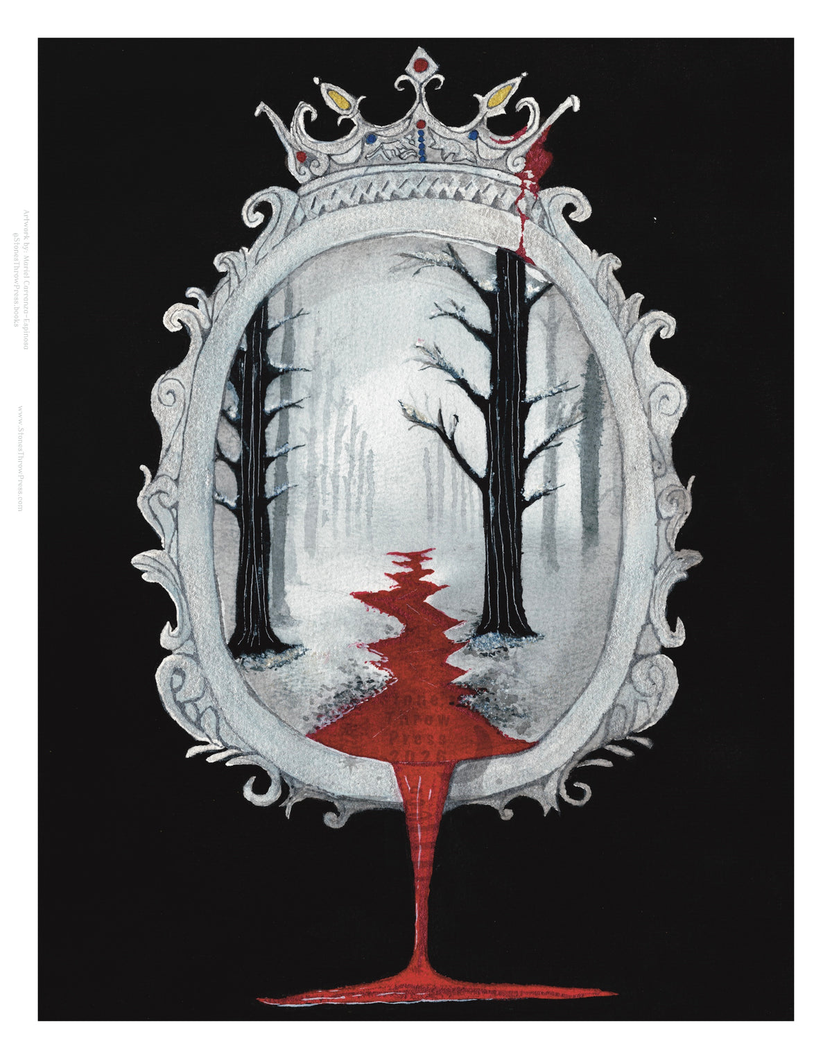 an ornate mirror depicting a barren snowy forest, featuring a river of blood pouring out of the mirror, onto the black backdrop