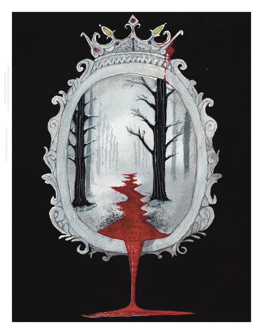 an ornate mirror depicting a barren snowy forest, featuring a river of blood pouring out of the mirror, onto the black backdrop