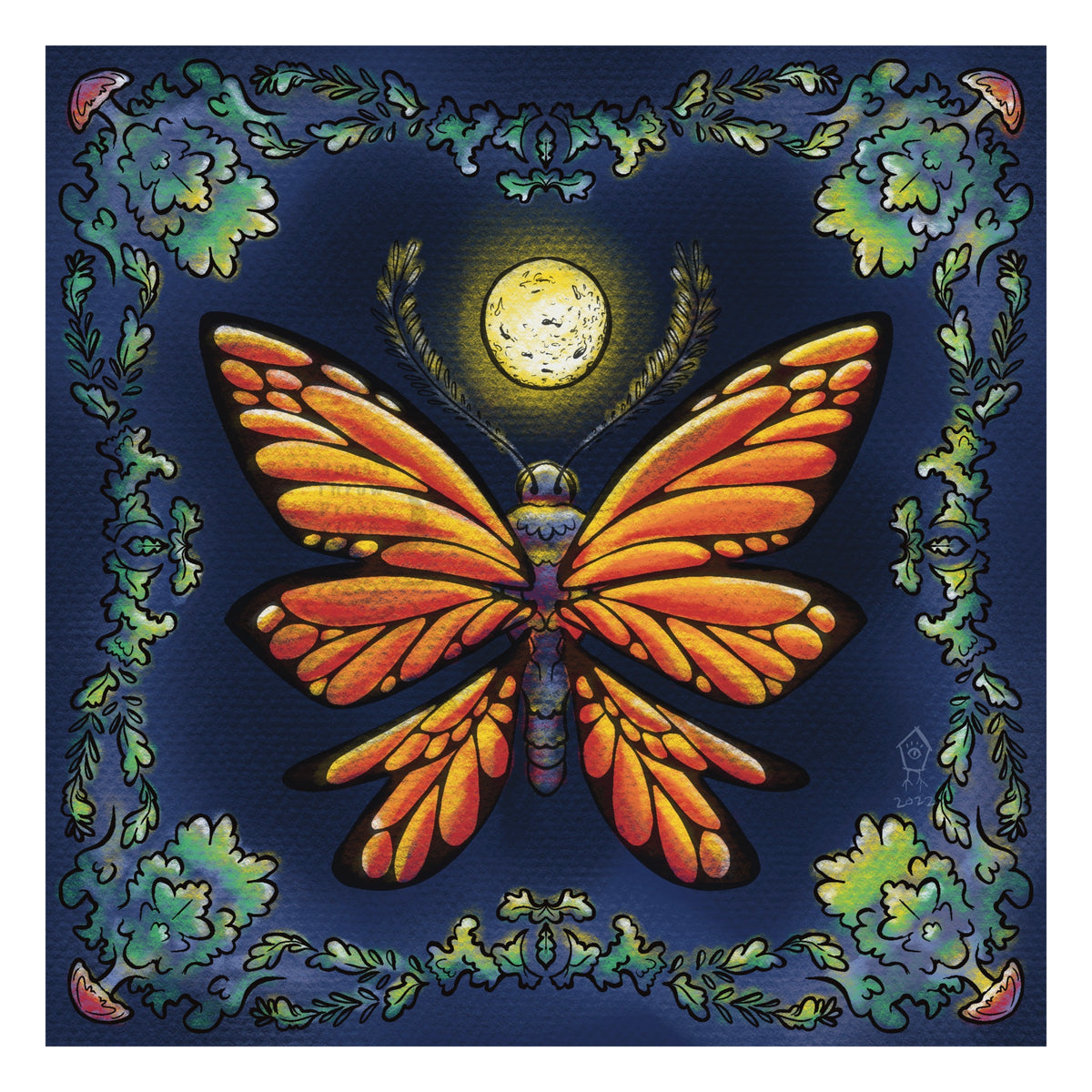 a monarch colored moth surrounded by nighttime foliage, crowned with a full moon
