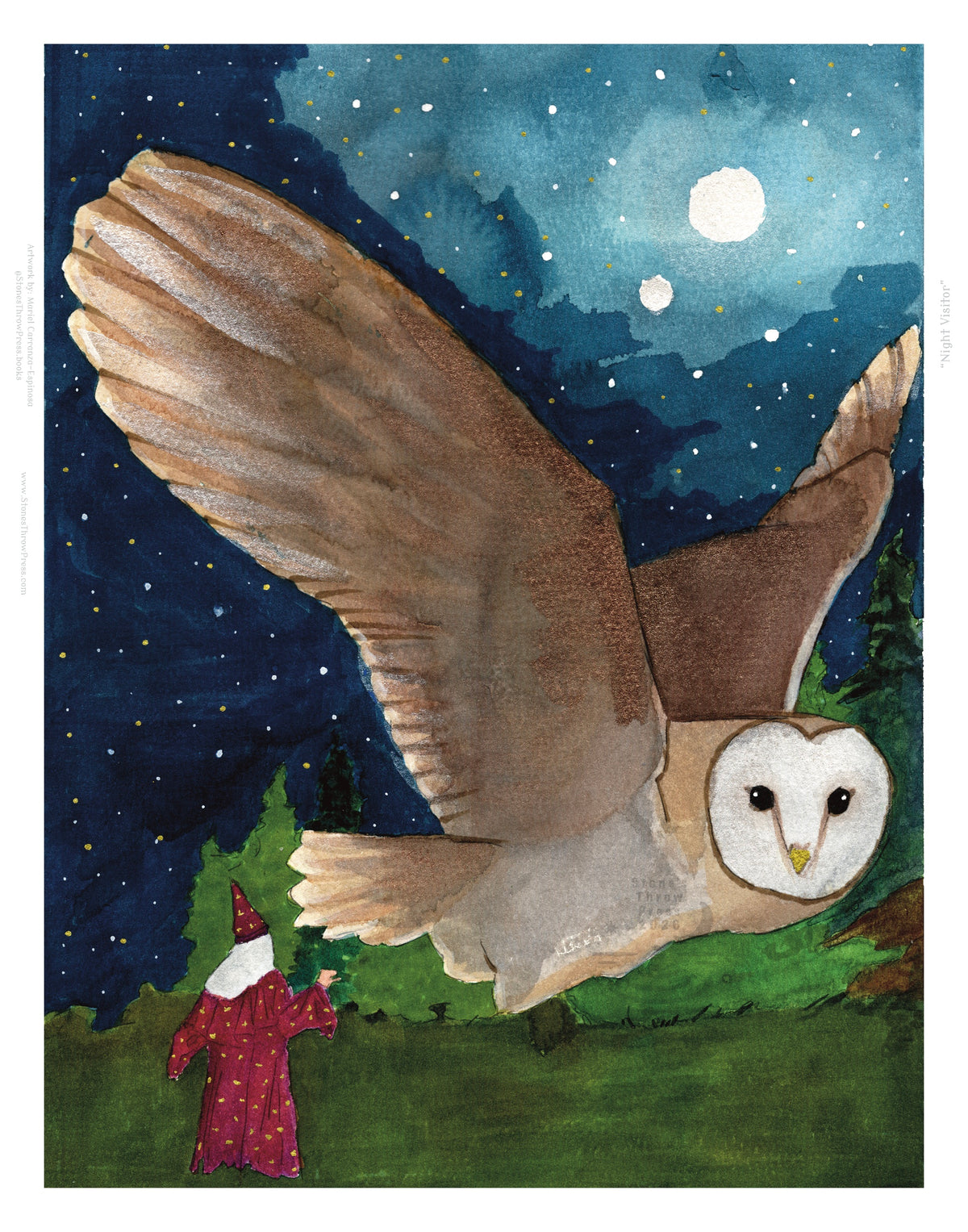 Giant owl flying at night with a small wizard in red robes in the foreground
