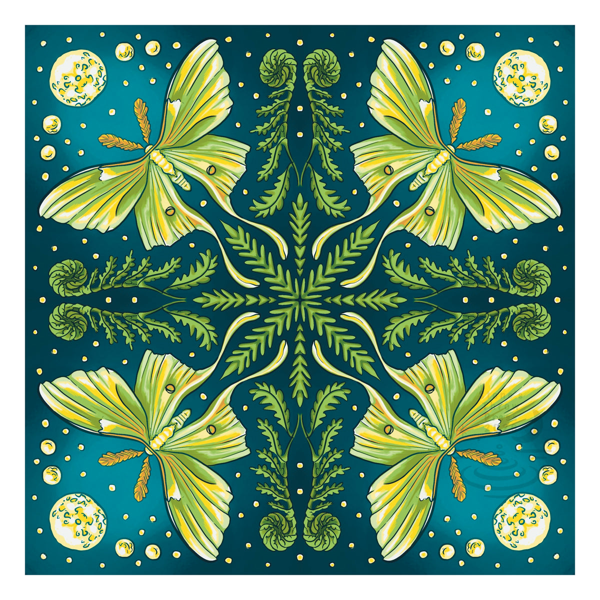 a repeating pattern of luna moths on a stylized nighttime backdrop