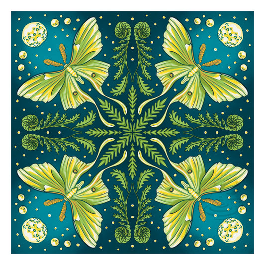 a repeating pattern of luna moths on a stylized nighttime backdrop