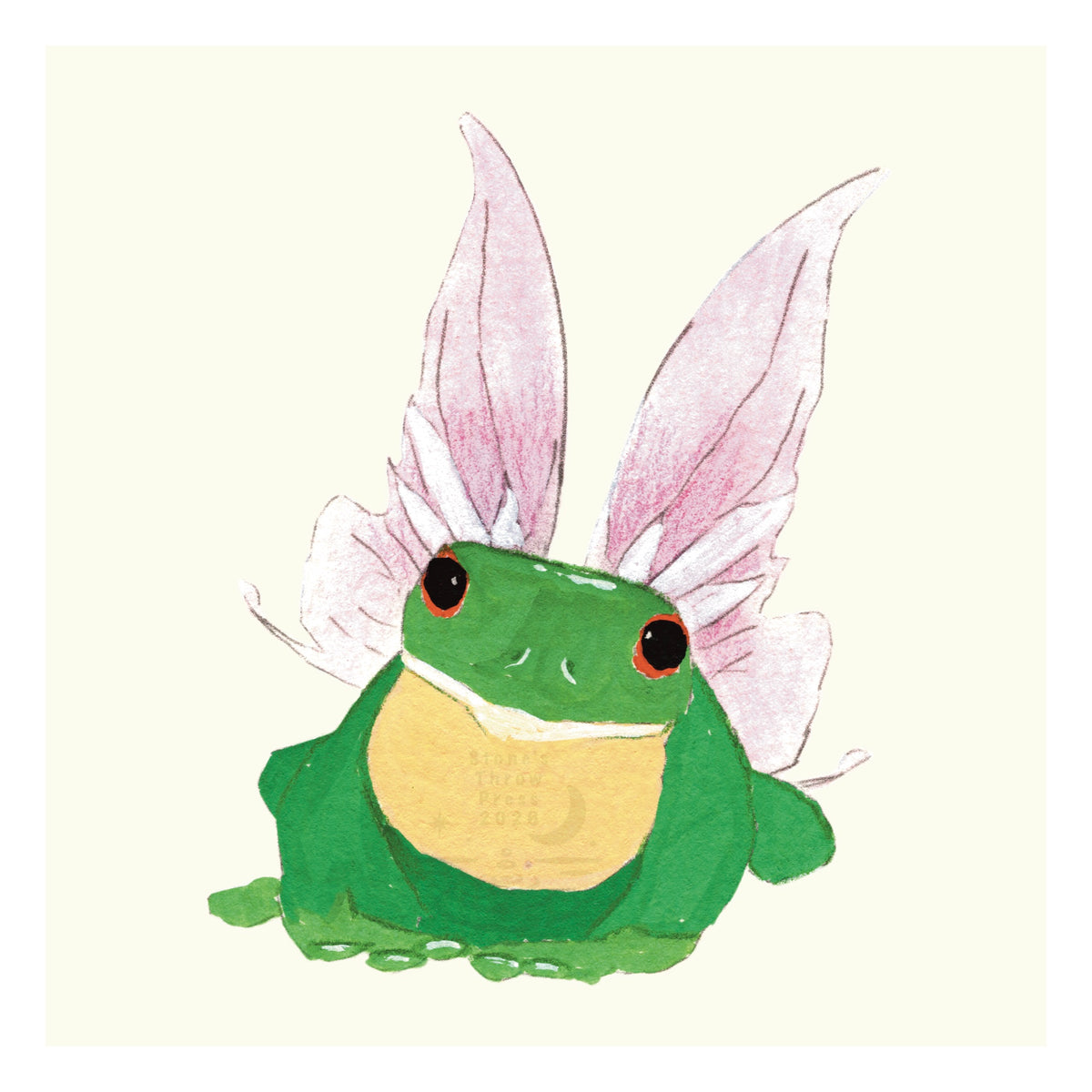 a green frog with soft pink fairy wings on a neutral eggshell background