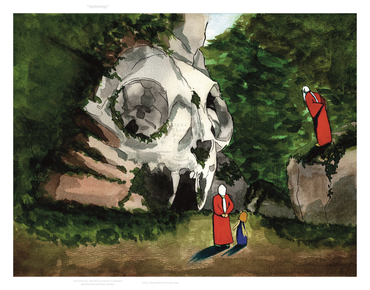 A Monstrous skull cave in the wilderness being observed by two elderly elves and a small fairy.