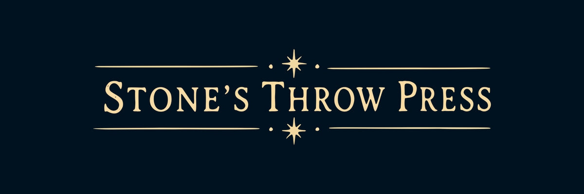 The logo for Stone's Throw Press, featuring elegant white gold serif lettering on a solid dark navy blue background.