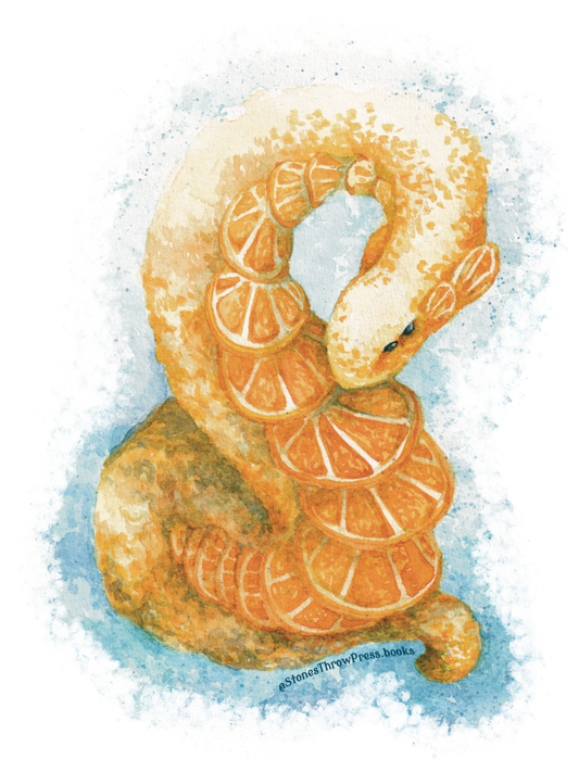 A stylized watercolor illustration of a coiled snake made from orange slices, with a white head and blue watercolor wash background. Small text at the bottom reads 'Stone Tree Press books'.