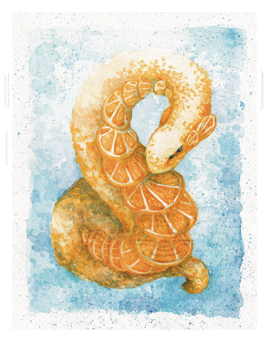 An orange and yellow dragonling with tangerine slice like back ridges on a mottled blue background
