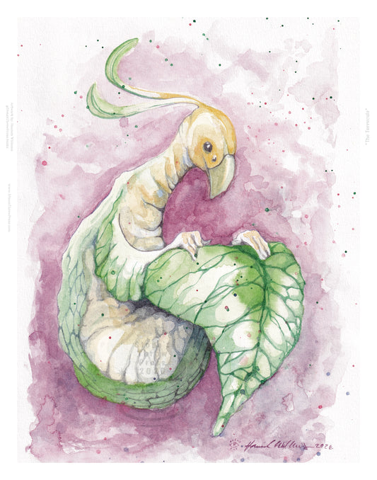 a birdlike plant creature curled up holding its broadleaf tail on a mottled purple background