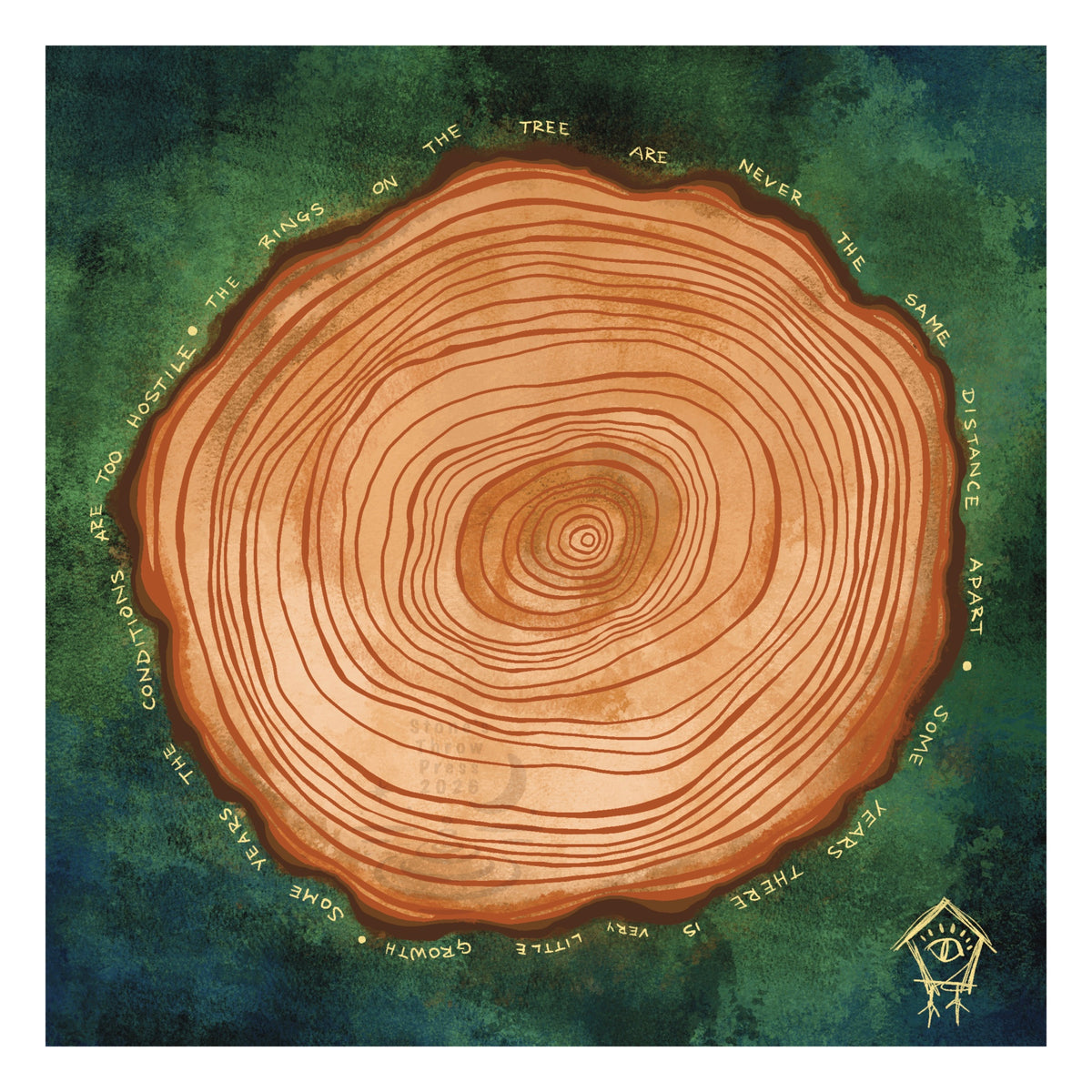a cross-section of a tree on a mossy green background, ringed with a poem about personal growth
